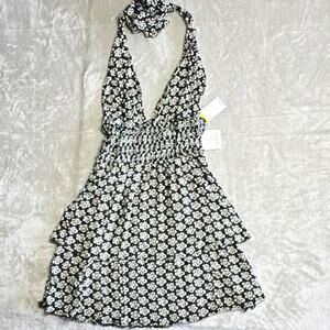 CeCe NEW Womens Swim Cover-up Halter Smocked Mini Dress Sz M Black/White Floral
